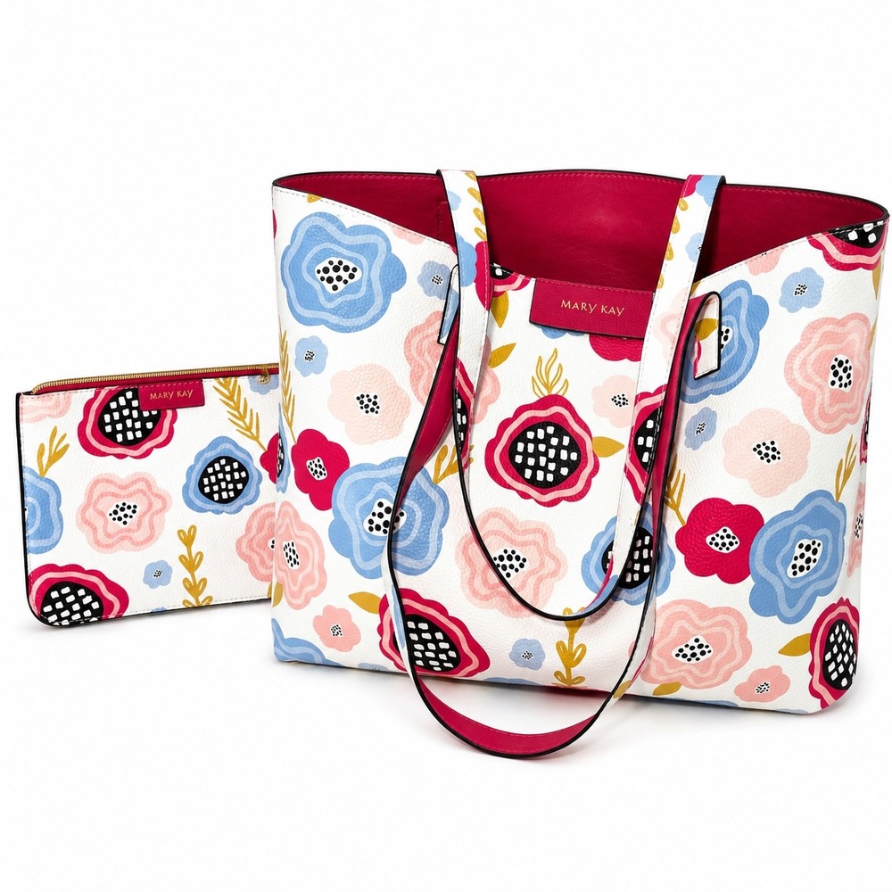 Mary Kay Floral Tote Bag & Matching Pouch Set Reversible Poppy Print Laptop Bag